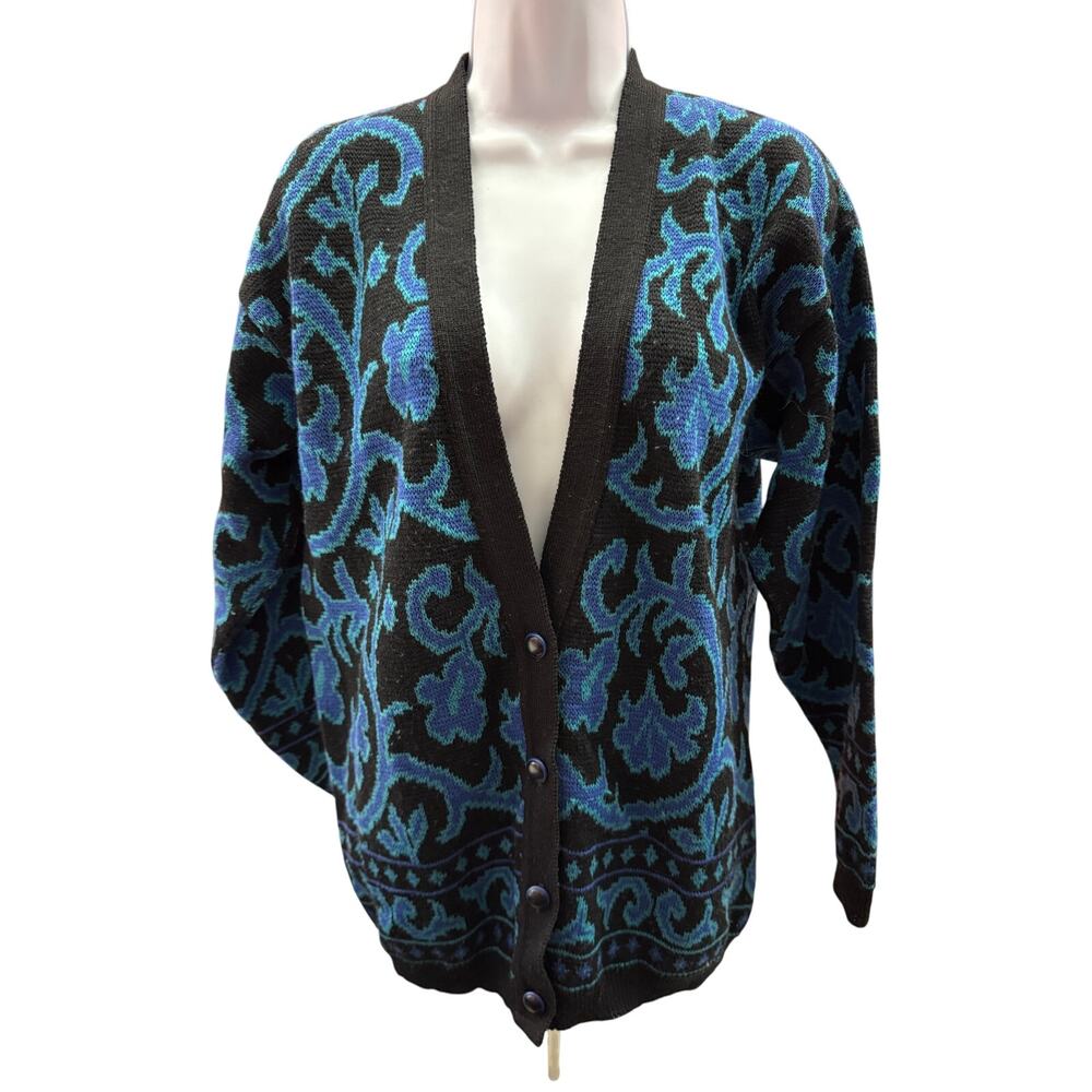 VINTAGE 70s PENDLETON Womens Black Blue Cardigan Size M 100% Virgin Wool Vneck